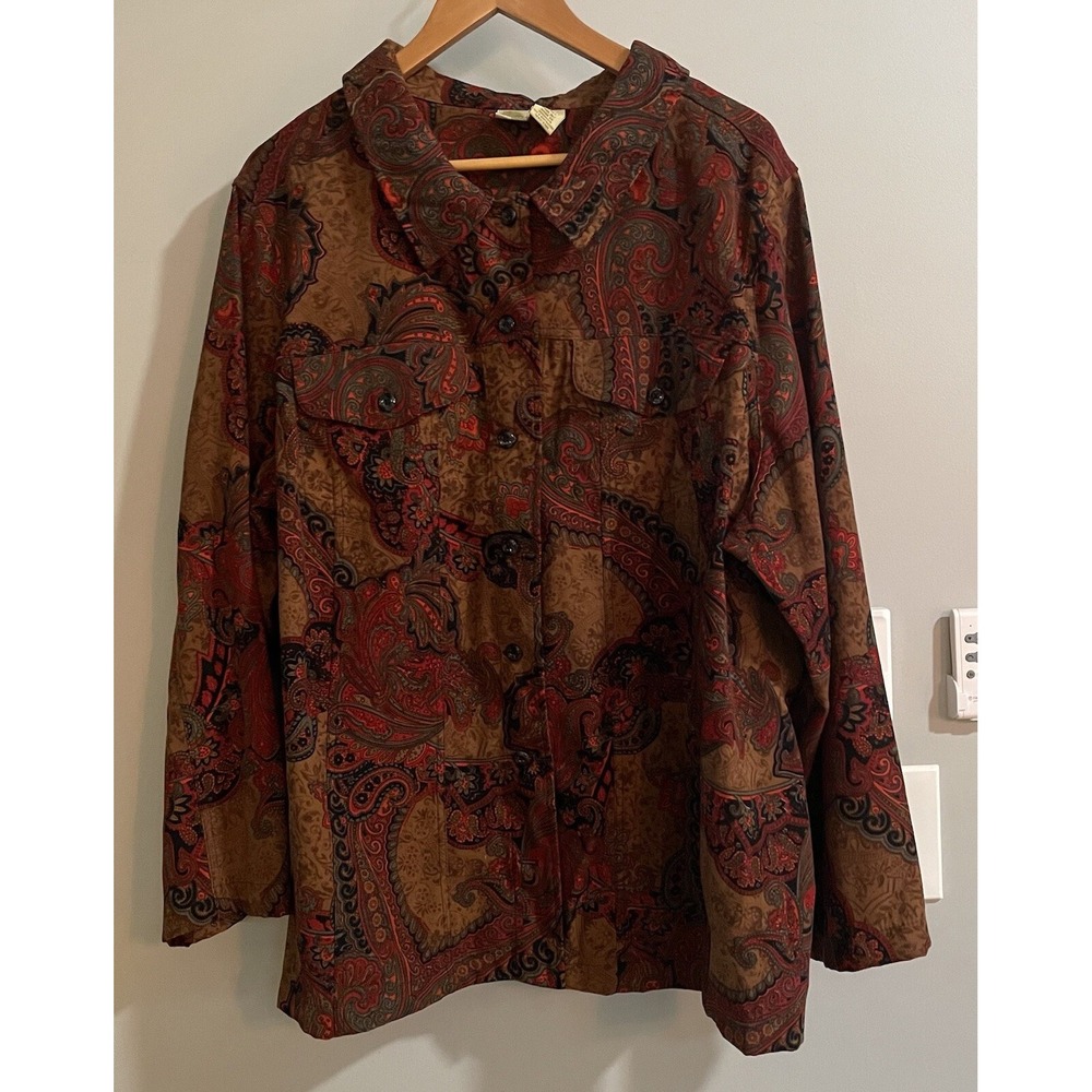 Islander Top‎ Paisley Octopus Long Sleeve Suede Button Up Blouse Womens 3X